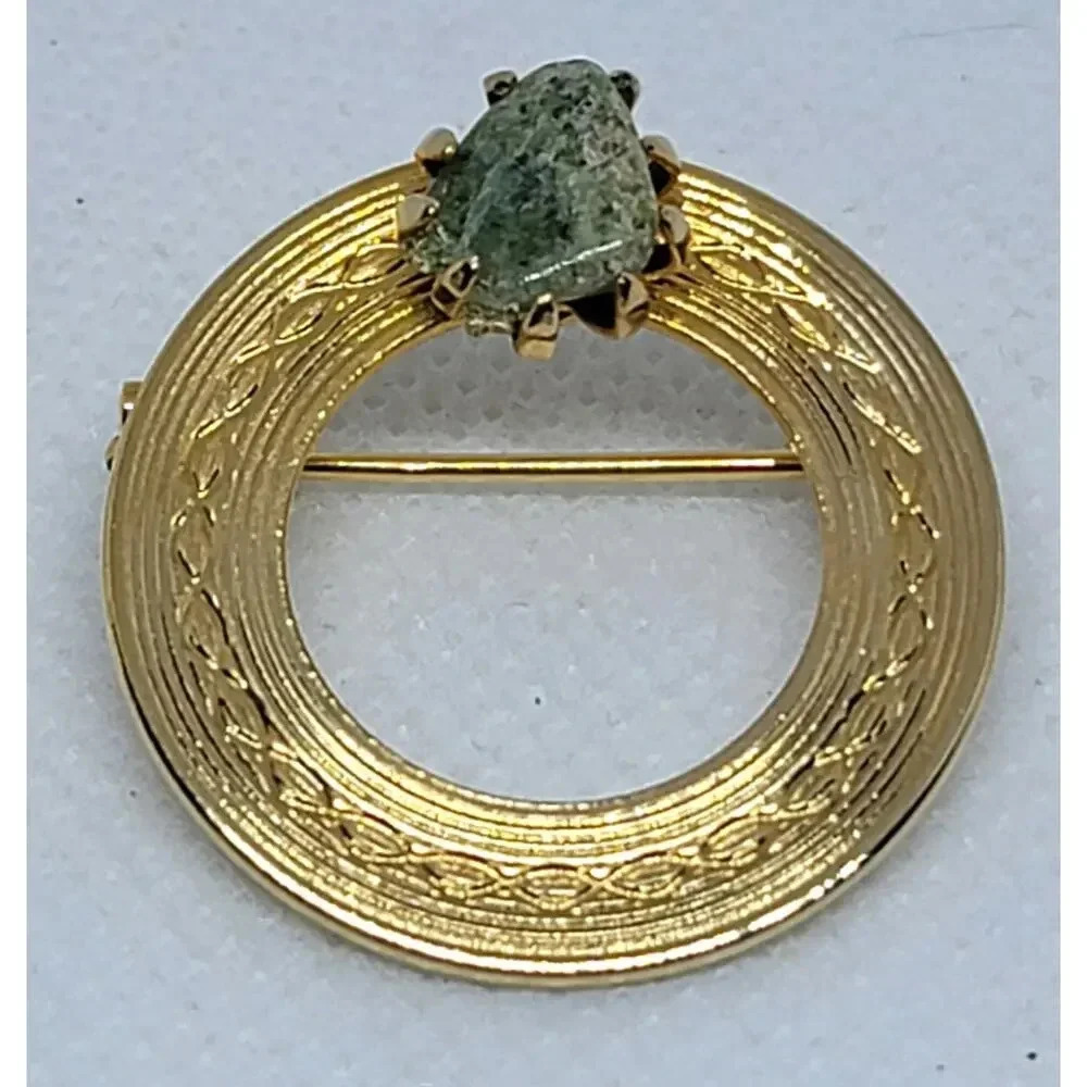 Vintage Gold Toned Circle Pin with Moss Agate Stone
